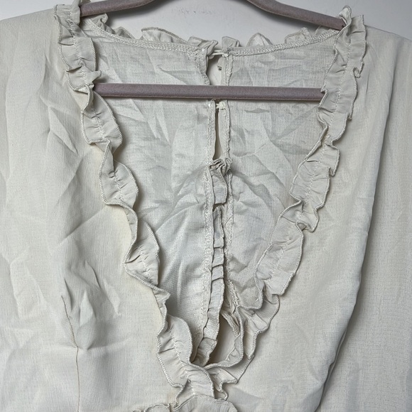 Beige Deep V Neck Ruffle Long Sleeve Floral Print Mini Dress Size XL - Picture 9 of 13